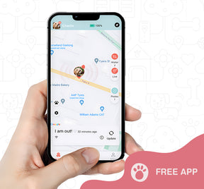 Hand holding a smart phone, showing the tracking app that works with the Roam Safe Pet Tracker.