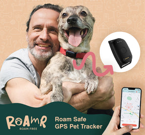 Man and his dog which is wearing the Roam Safe Pet Tracker. 